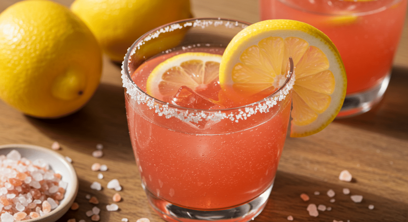 Pink Salt Weight Loss Routine: How To Flatten Your Belly Naturally 2 pink salt weight loss drink with lemon garnish on wooden table